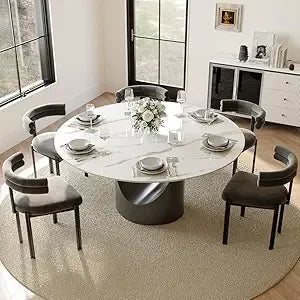 Modern Round Dining Table With Sintered Stone And Bronze Pedestal
