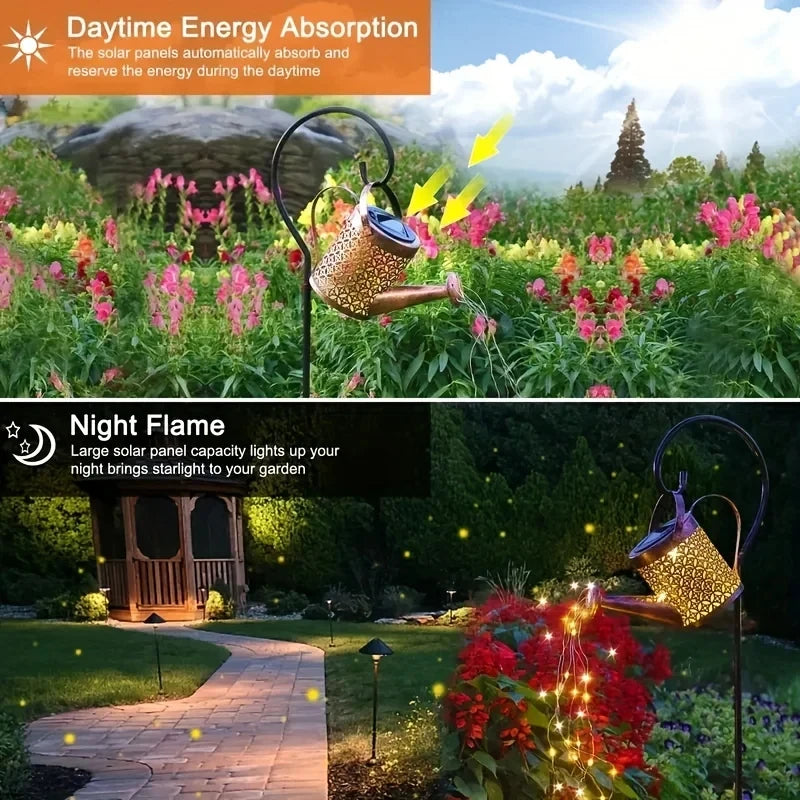 HomeFISH Retro Metal Lantern LED Solar Watering Can Light Garden Decor