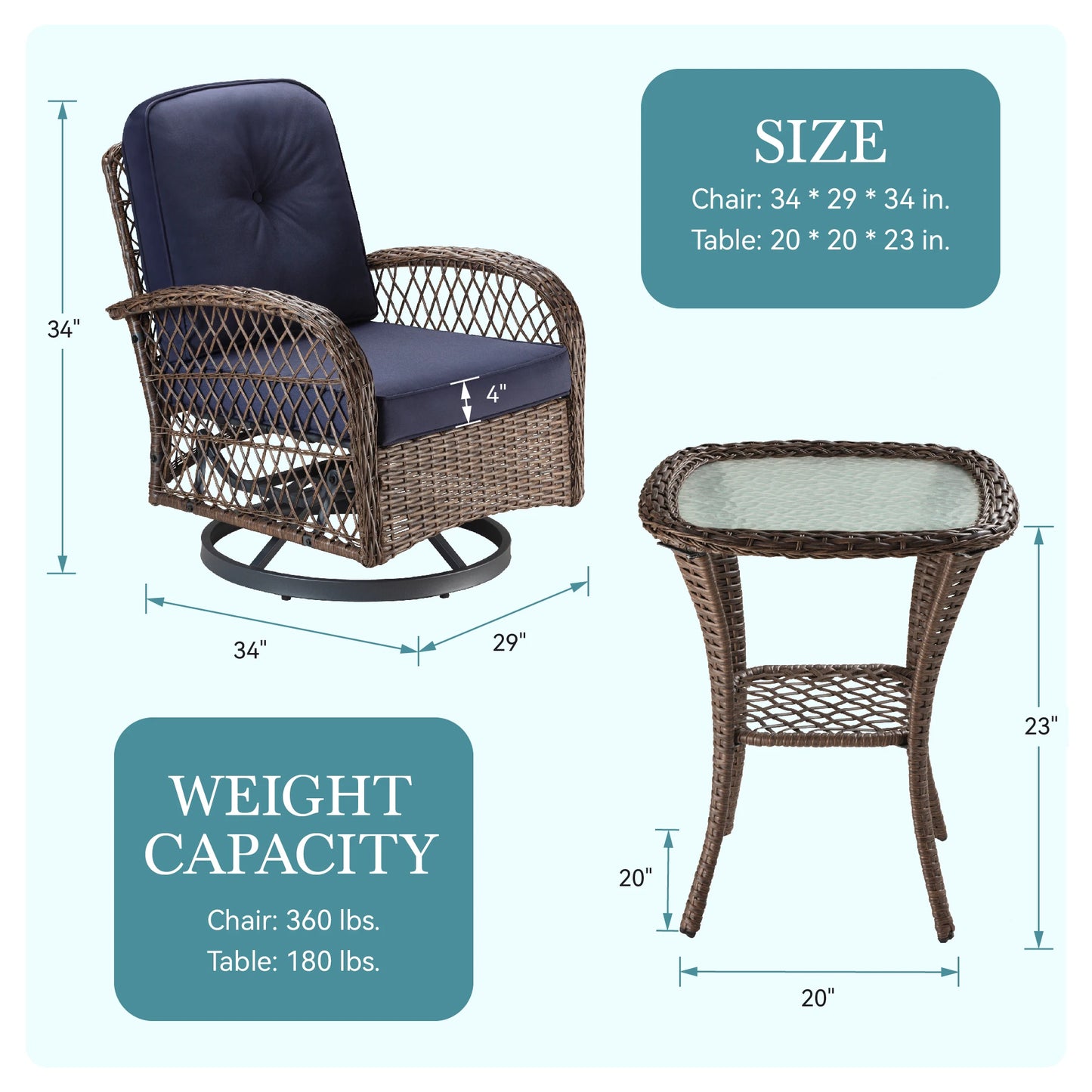 HOOMIC 3 Piece Patio Furniture Set With Cushioned Rotating Chairs