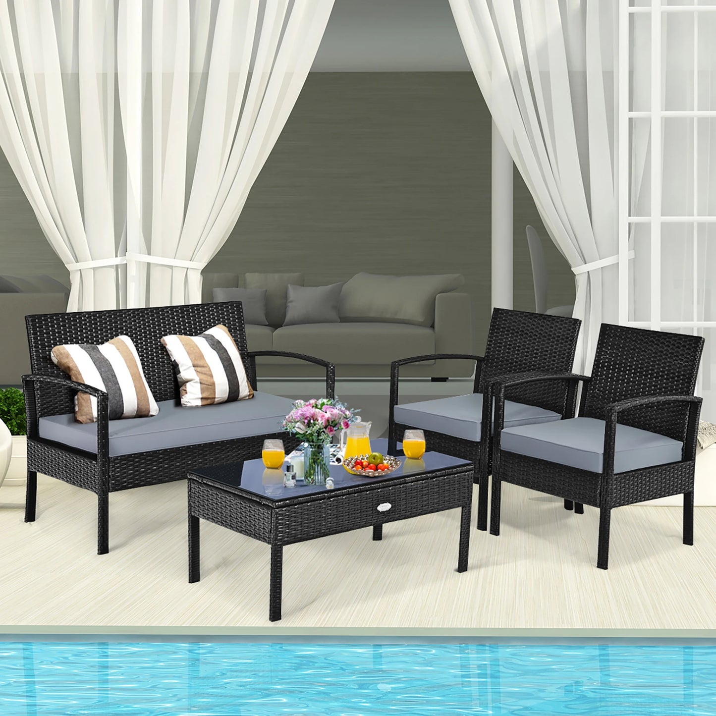 HOMASIS Outdoor Rattan Wicker Patio Set with Table and Sofa