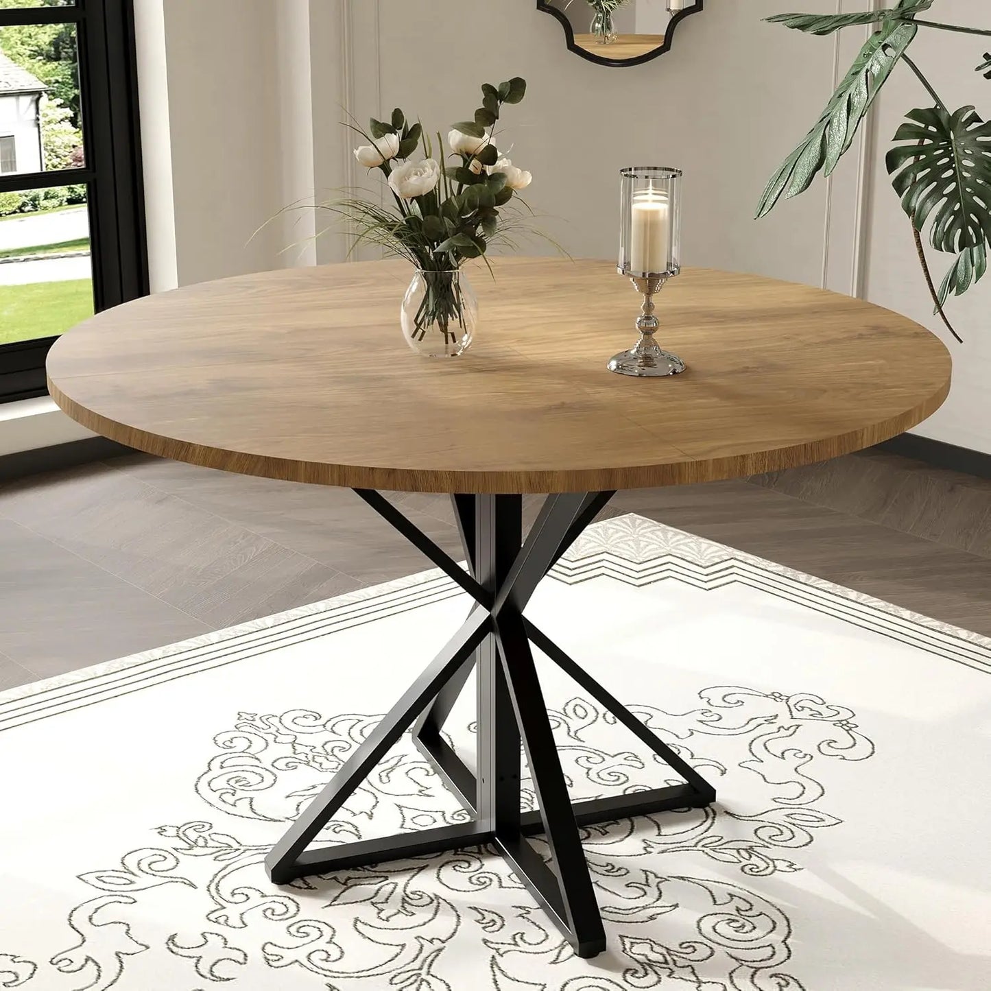 TWISTER.CK Round Dining Table For 4 Wood Top Metal Pedestal