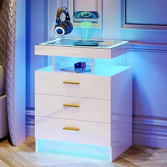 Nightstands With Wireless Charging Auto Sensor Dimmable LED Bedside Table
